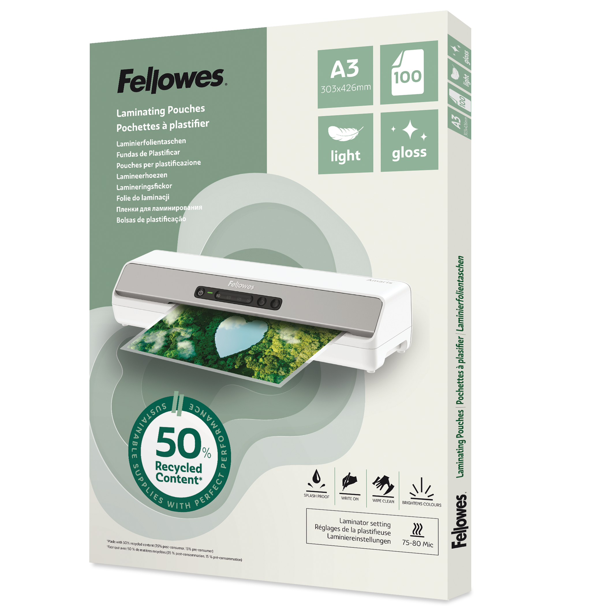 Folientasche Fellowes A3 100142988 80mic Recycled glänzend Pack. 100 Stück