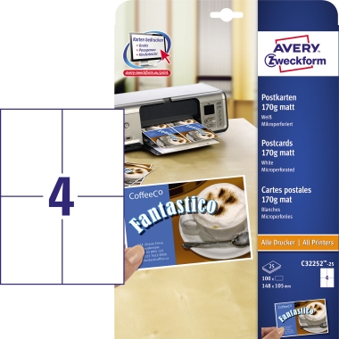 Postkarten PC Avery Zweckform C32252 170g weiß 100 Stück