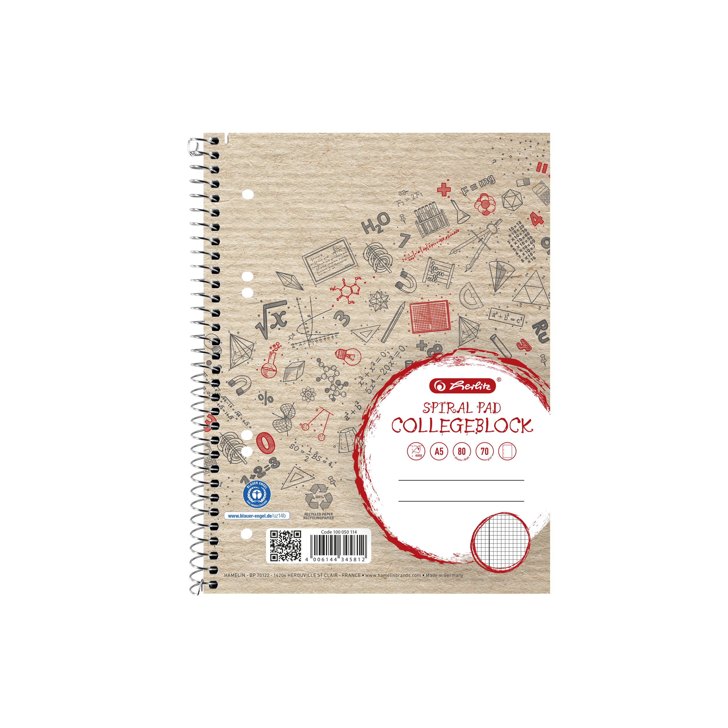 Collegeblock Herlitz 100050114 A5 kar. Recycling 80bl Mit Rand