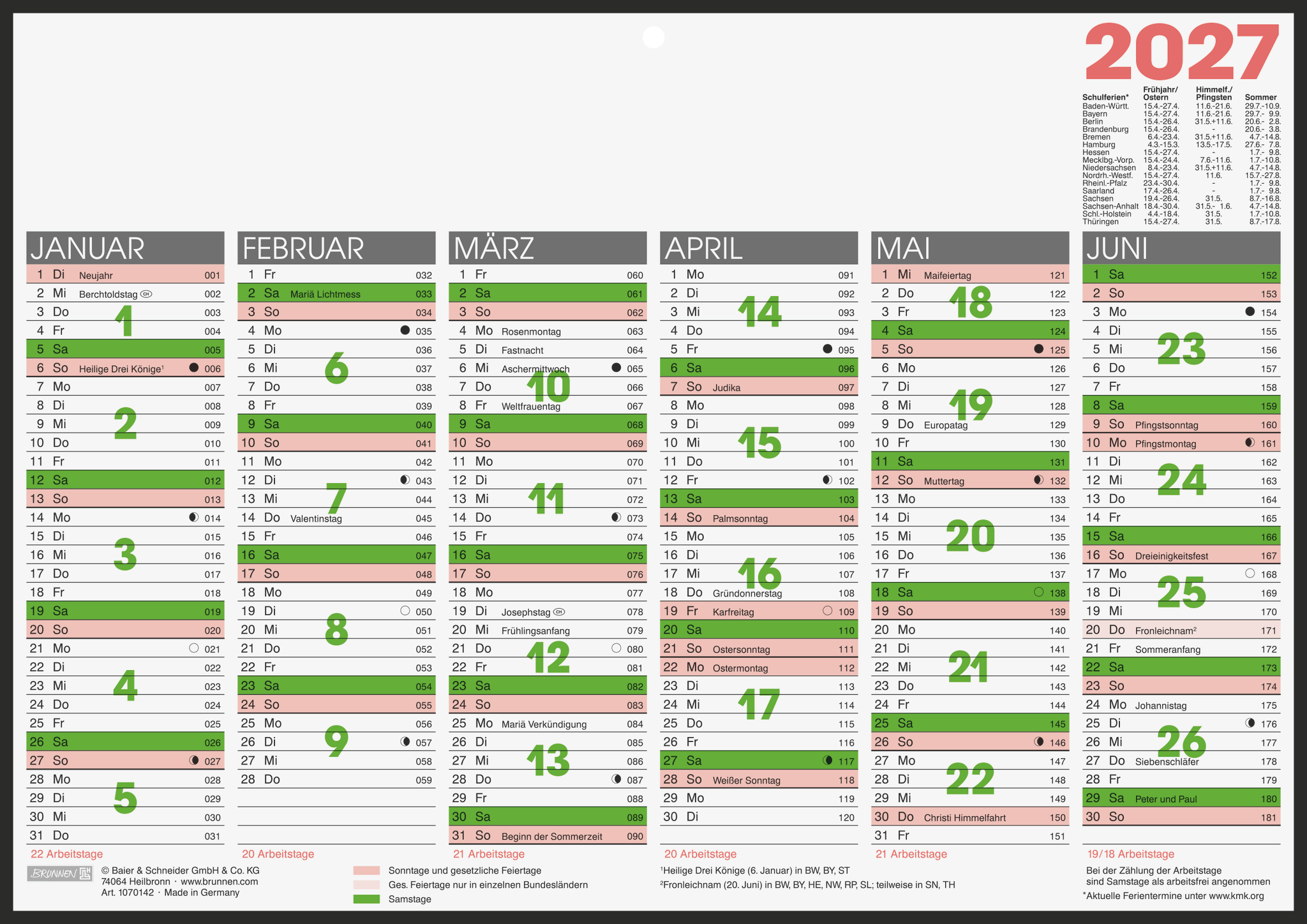 Tafelkalender Brunnen A4 Pappekaschiert 1s/6m, Mit Tageszählung Und Ferientermi