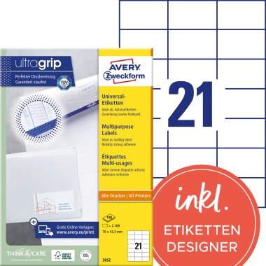 Etikett Zweckf. 3652 70x42,3mm weiß Inkjet-, Laser- U. Kopier