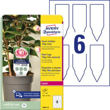 Steckschilder Avery Zweckform T3006-10 128x47mm Folie 190my, weiß, 10 Blatt
