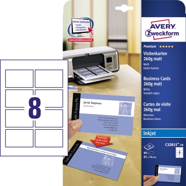 Visitenkarten Avery Zweckform C32015-10 weiß 260g 80 Stück