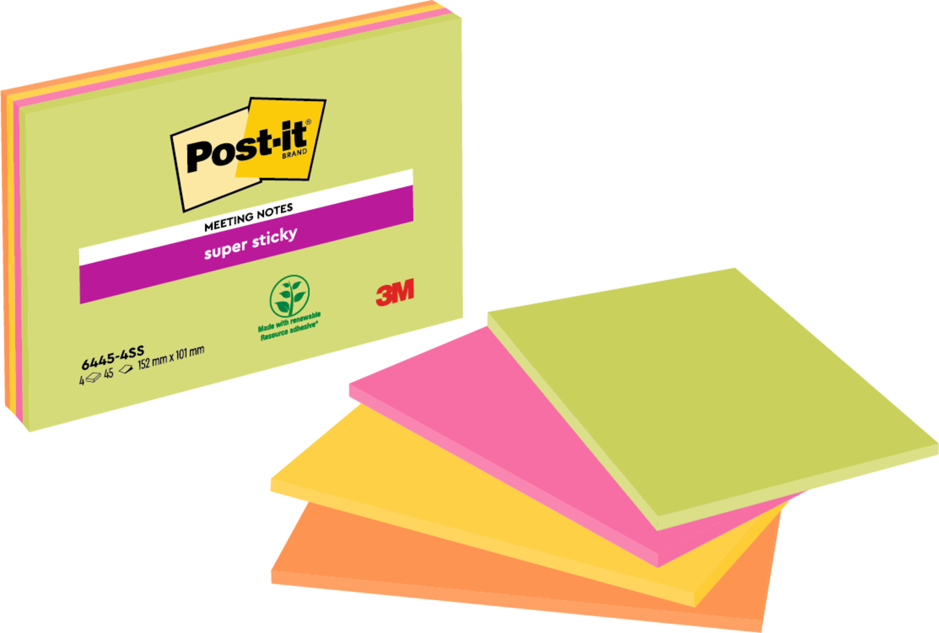 Haftnotiz Post-It 6445-4SSP 152x101mm 4x45 Blatt In 4 Neonfarben,