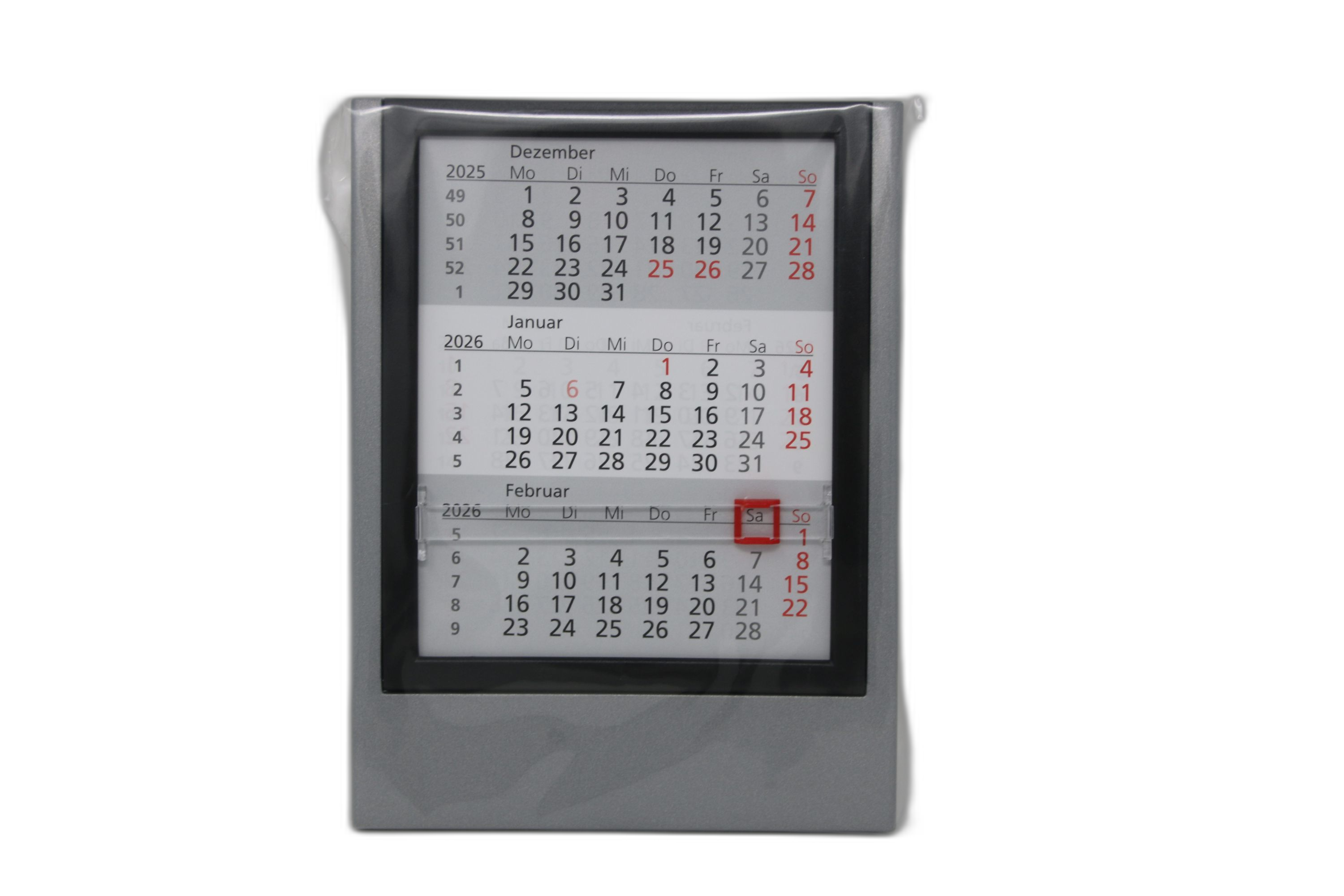 Dreimonatstischkalender 2 Jahre silb./sw Gehäuse silber, Rahmen Schwarz