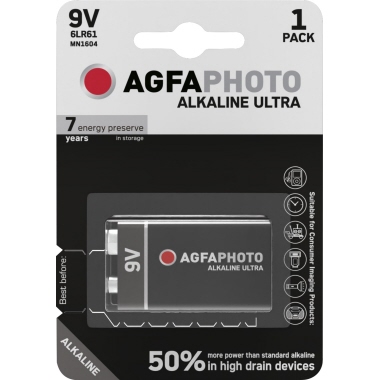 Batterie AGFAPHOTO Alkaline Ultra 6LR61 9v, E-Block, Retail Blister (1-Pack)