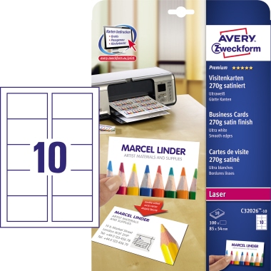 Visitenkarten Avery Zweckform C32026-10 weiß 270g 100 Stück