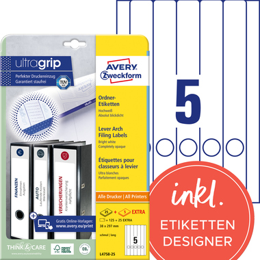 Rückenschild Zweckf. L4758-25 PC weiß Schmal/lang, Selbstklebend