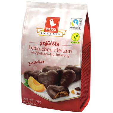 Gebäck Weiss Lebkuchen Herzen 27941 Zartbitter mit Aprikosenfruchtfüllung 150g