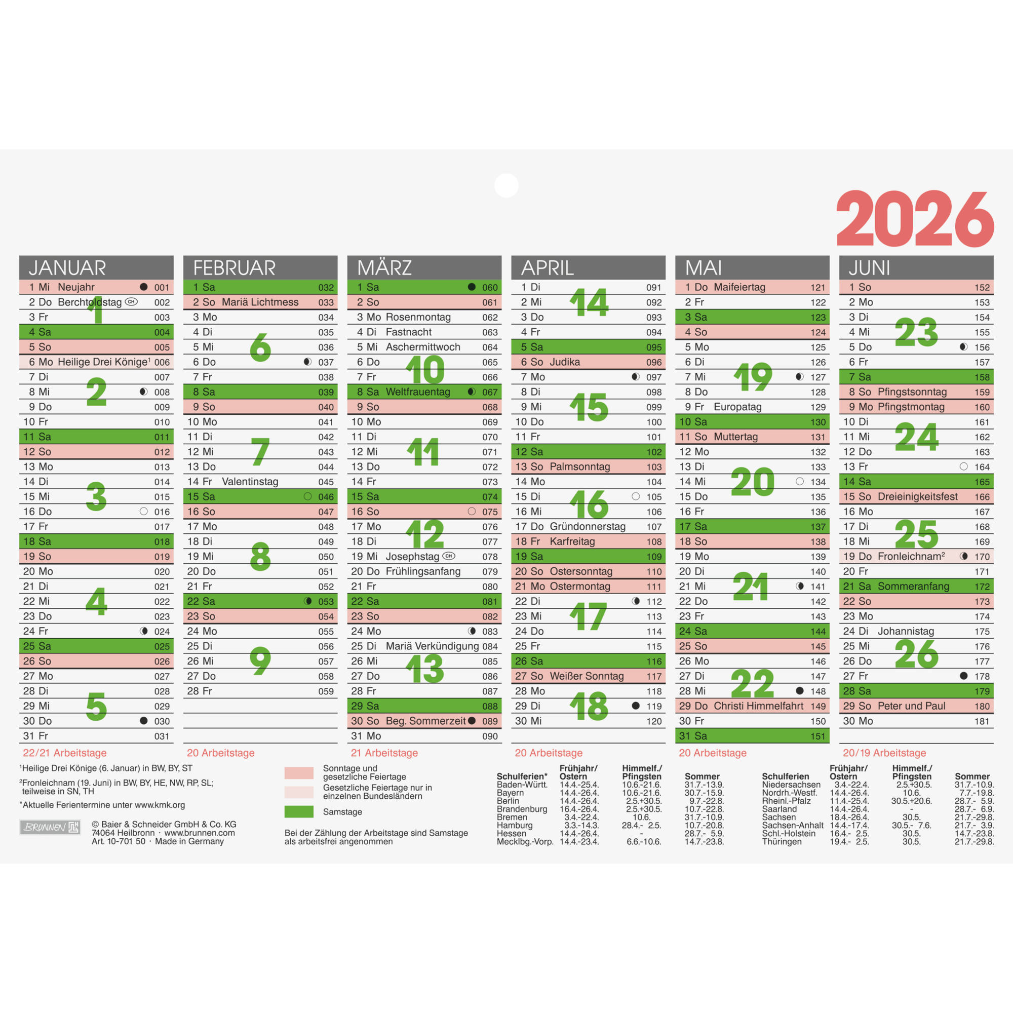 Tafelkalender Brunnen 1070150 A5 quer 1s/6m
