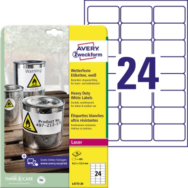 Etikett Avery Zweckform L4773-20  63,5x33,9mm weiß 480 St.