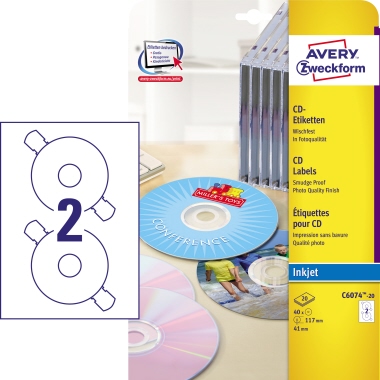 Etikett CD/DVD Avery Zweckform C6074-20 Ø-117mm weiß 40 St.