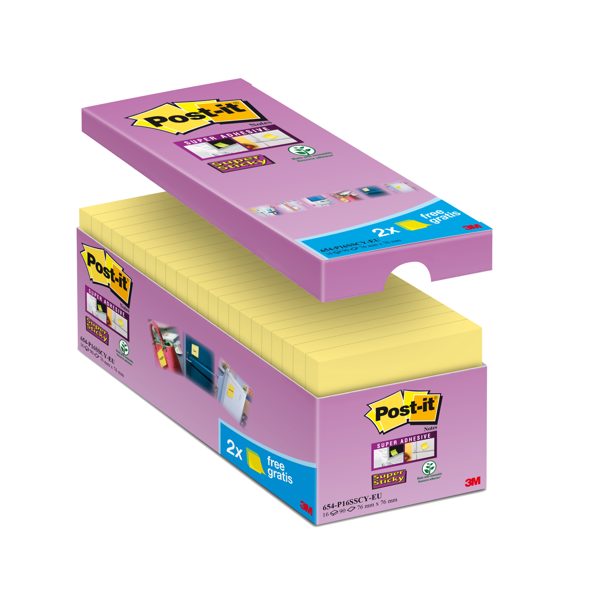Haftnotiz Post-it 65416SYP 76x76mm gelb 100 Blatt, Packung à 16 Stück