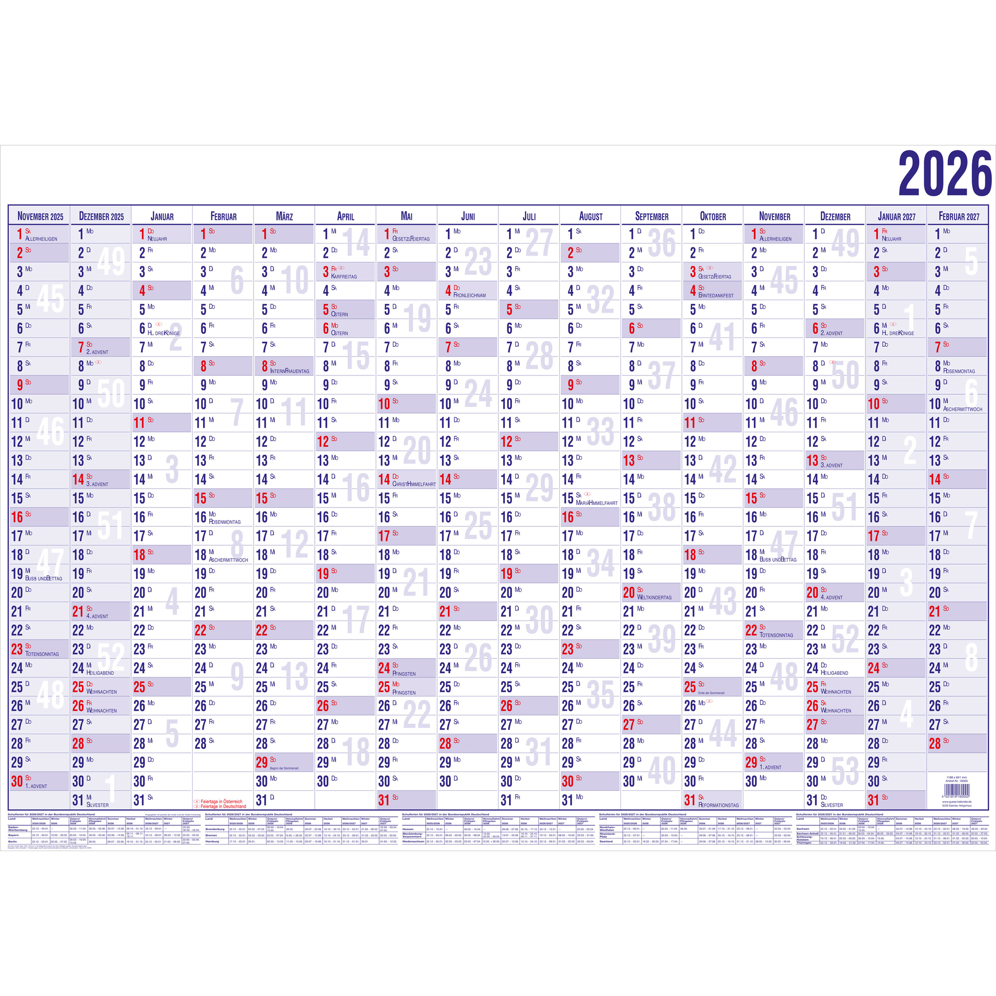 Wandplaner Güss 17000 A1 1S/16M 99x60cm 170g Papier