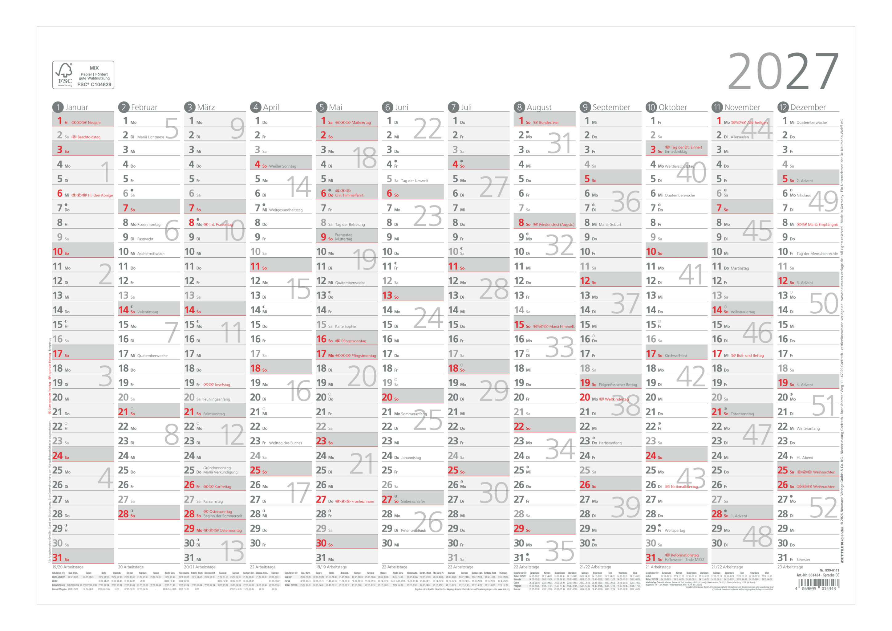 Plakatkalender Zettler 939-6111 42x29,7 1 , 1S/12M, Sonn-U. Feiertage, Fsc
