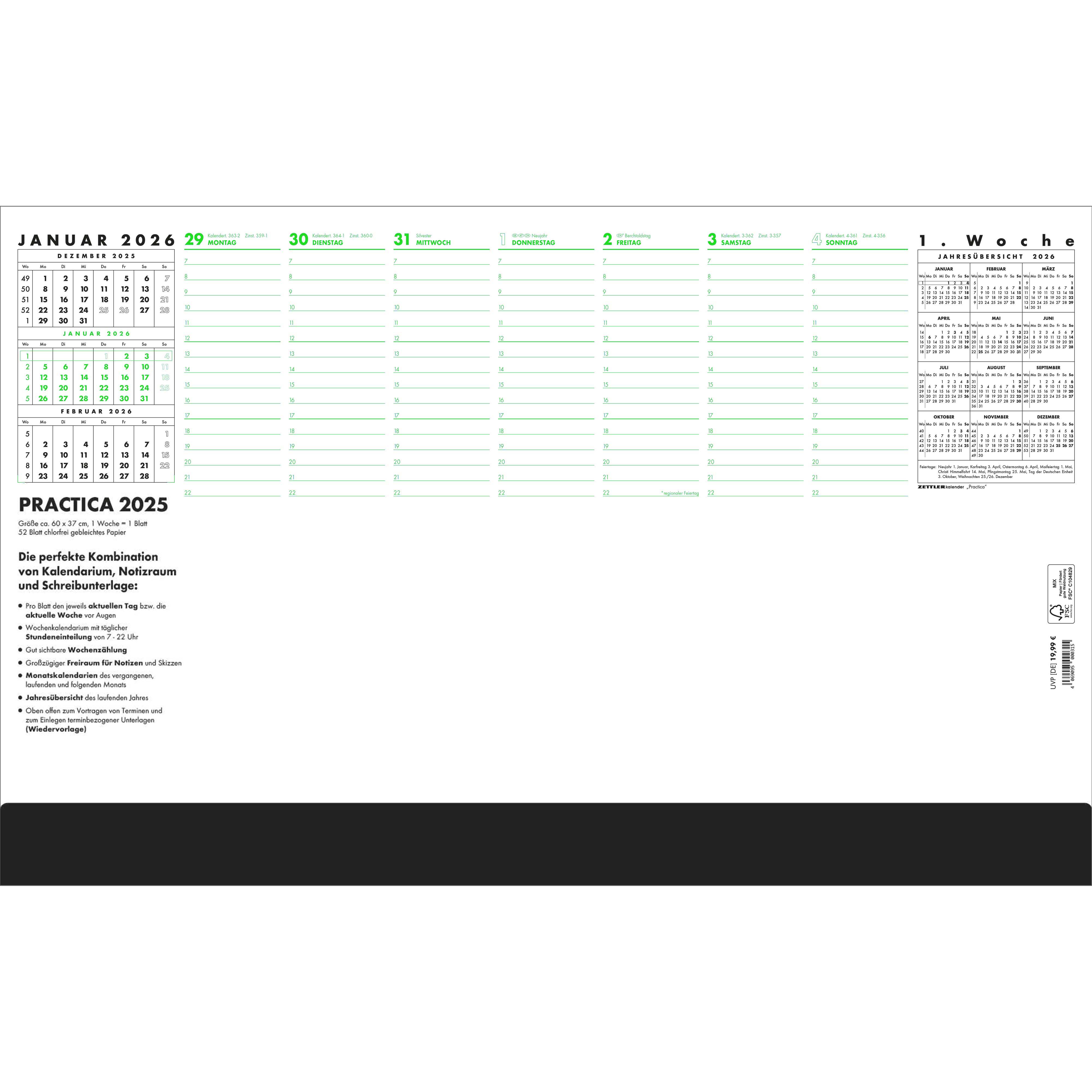 Schreibunterlage ZETTLER 102 Practica 60x37cm, 1 Seite / 1 Woche 