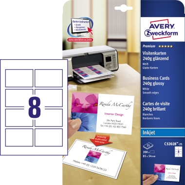 Visitenkarten Avery Zweckform C32028-25 weiß 250g 200 Stück