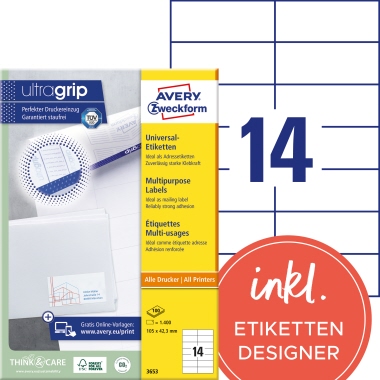 Etikett Avery Zweckform 3653 105x42,3mm weiß 1.400 Et