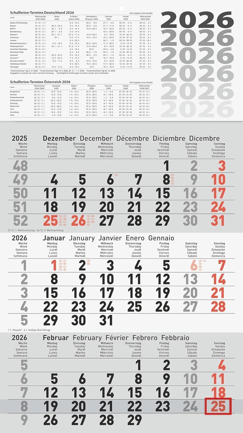 Dreimonatskalender 60114 30x48cm 