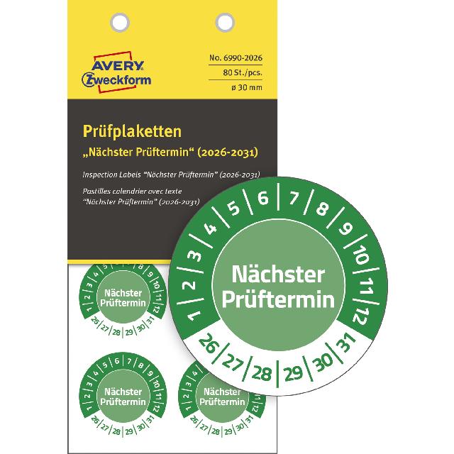 Prüfplaketten Zweckform 6990-2026 grün 30mm Jahr 2026-31