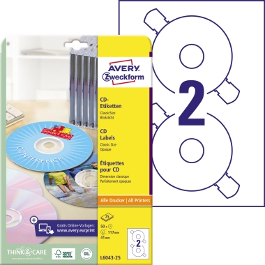Etikett CD/DVD Avery Zweckform L6043-25 Ø-117mm weiß 50 St.