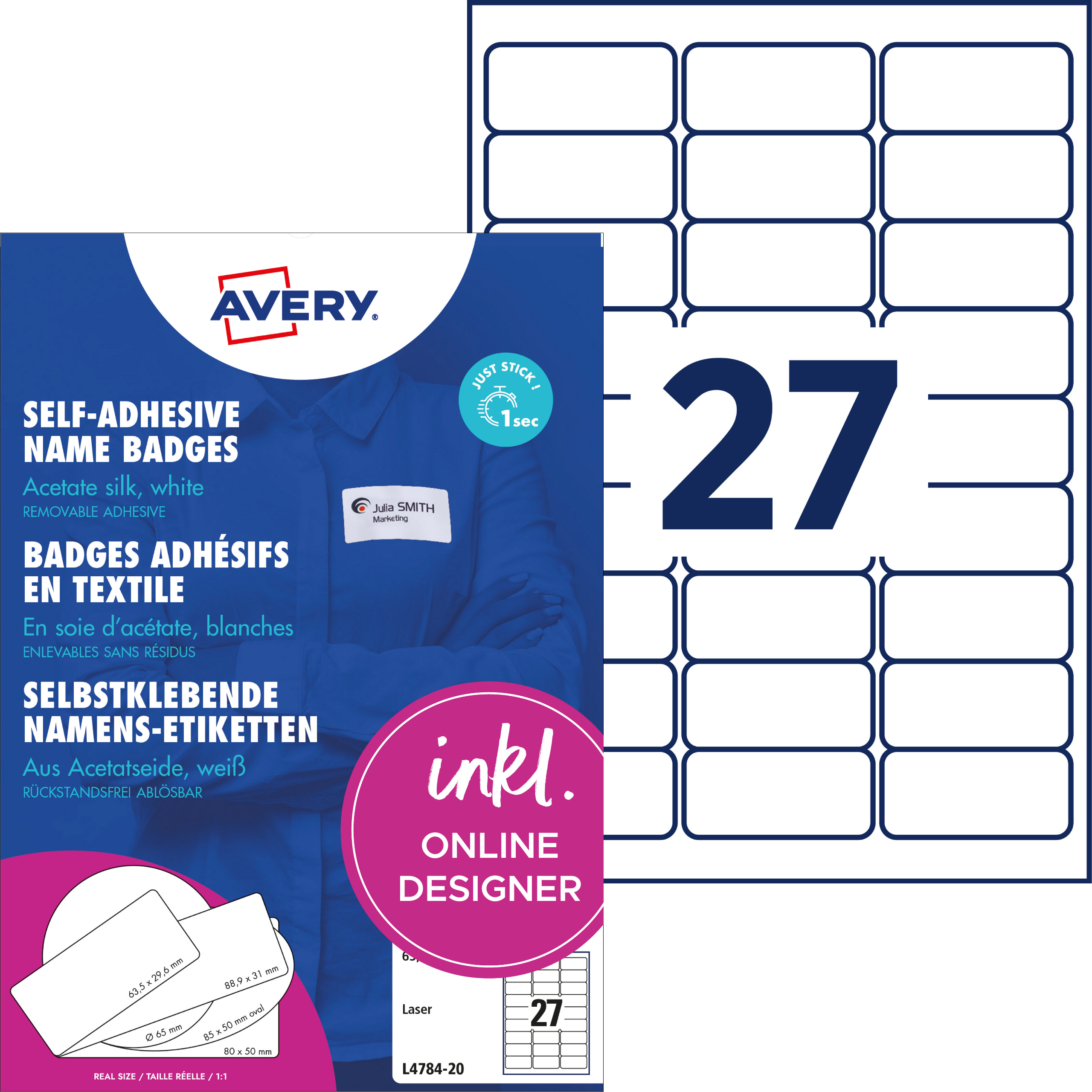 Etikett Avery Zweckform L4784-20 63,5x29,6mm Textil Acetatseide 540 St.