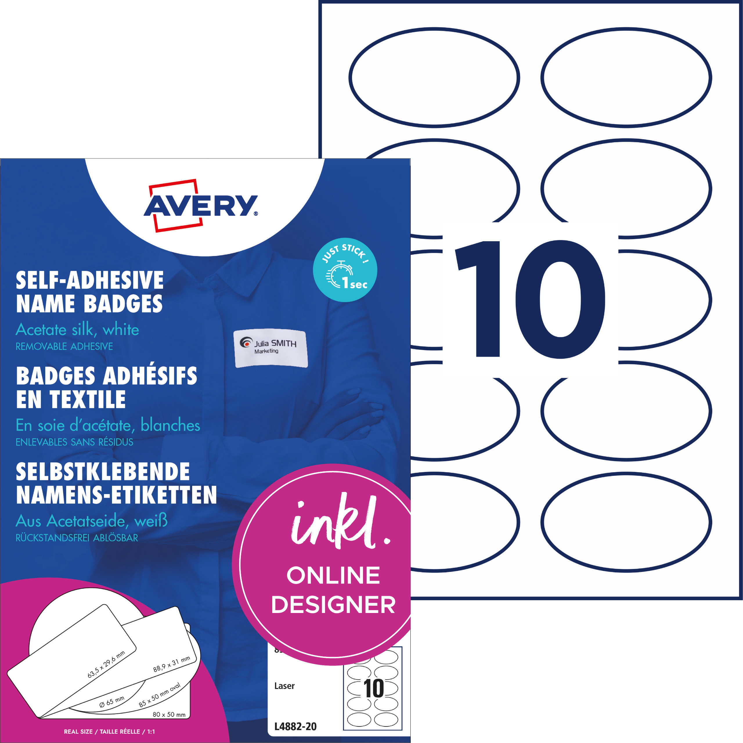 Namensetikett Avery Zweckform L4882-20 weiß oval 85x50mm Acetatseide 200 St.