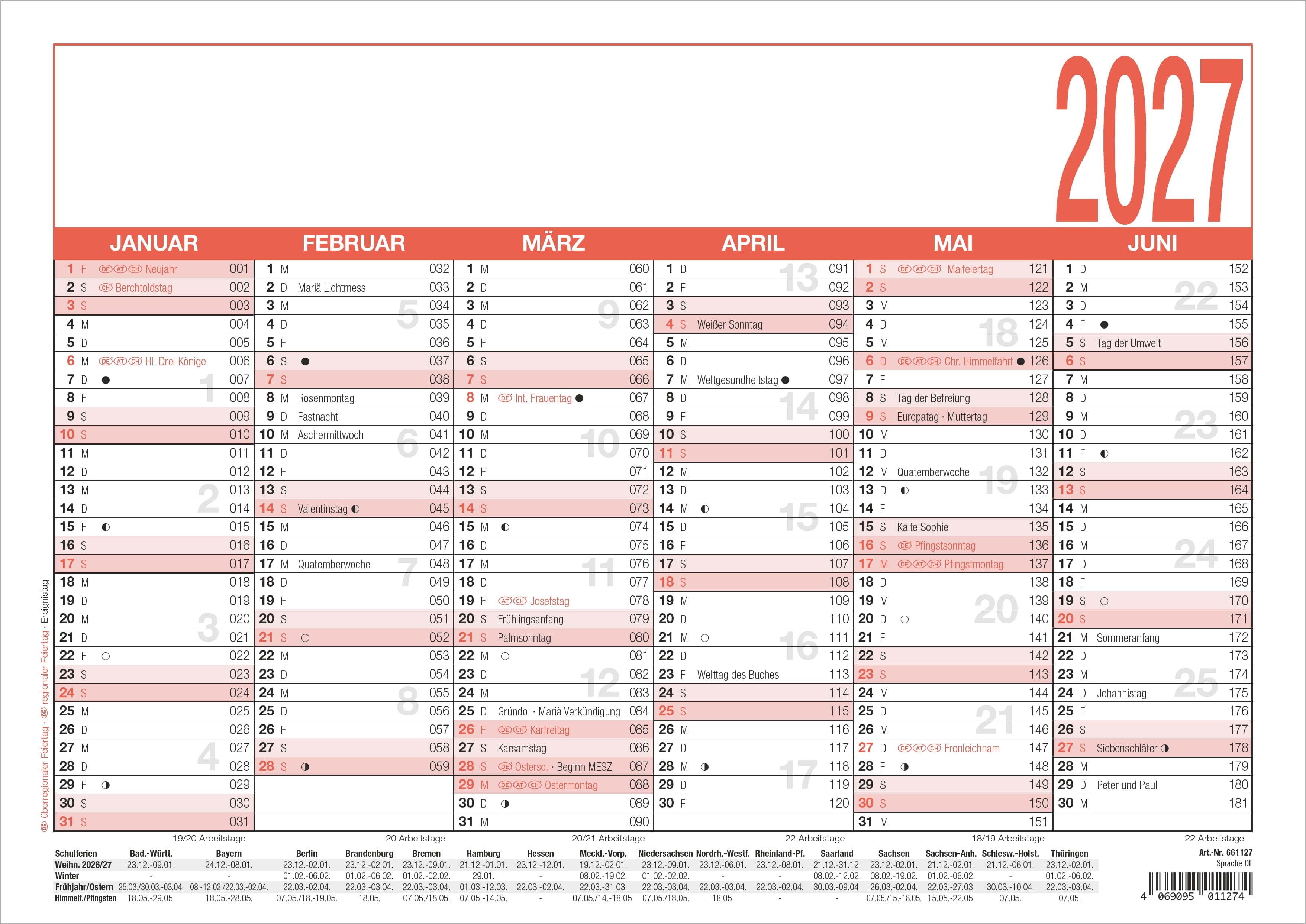 Tafelkalender Zettler 907-0000 A4 6M/1S Uws