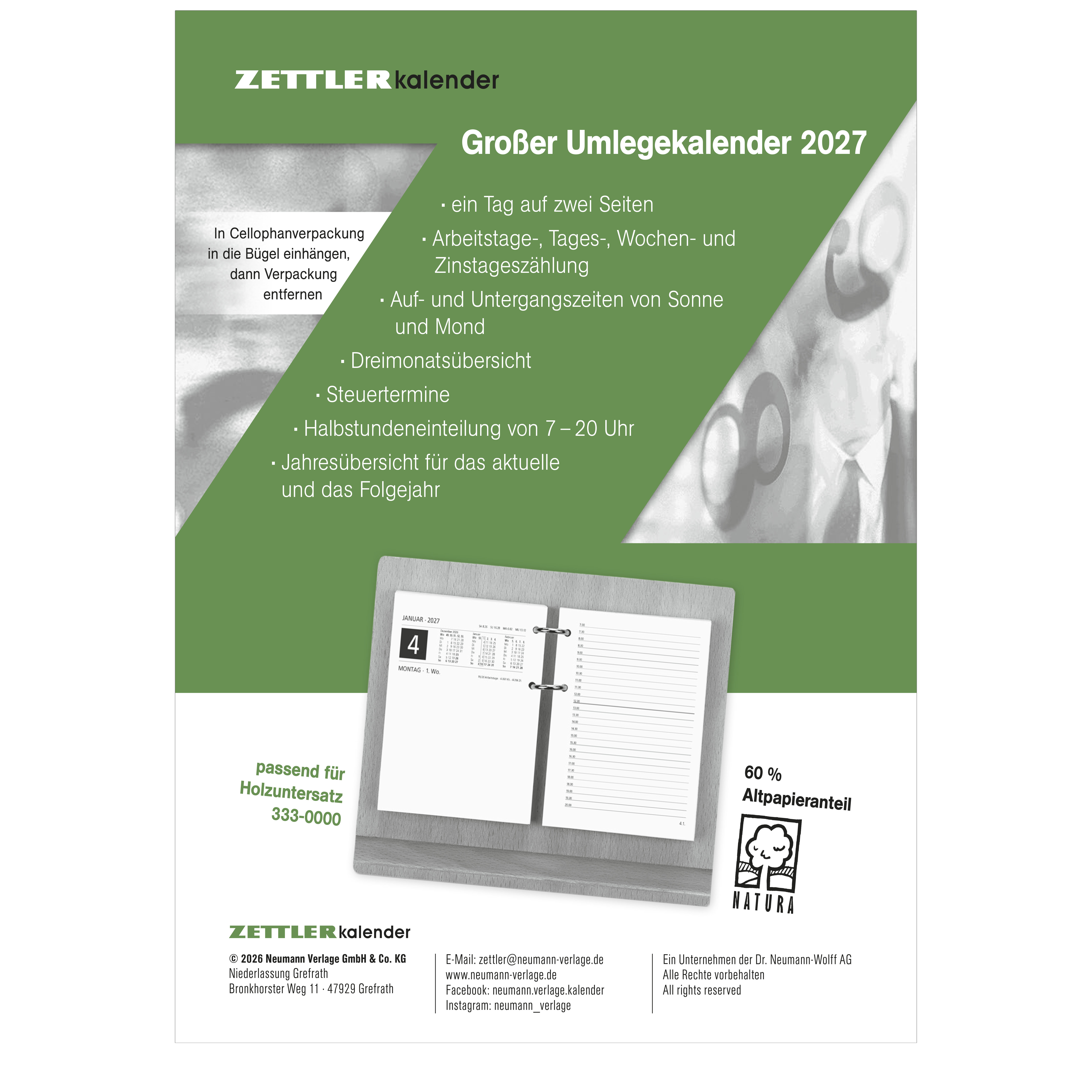 Umlegekalender Zettler 338-0000 2S/1T 11X15cm, 7-20 Uhr, 360 Blatt