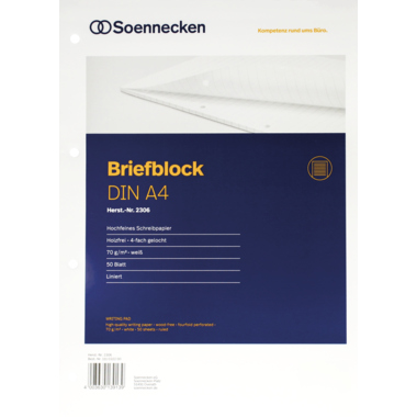 Briefblock Soe A4 50Bl. 70g liniert weiß 4-fach Gelocht