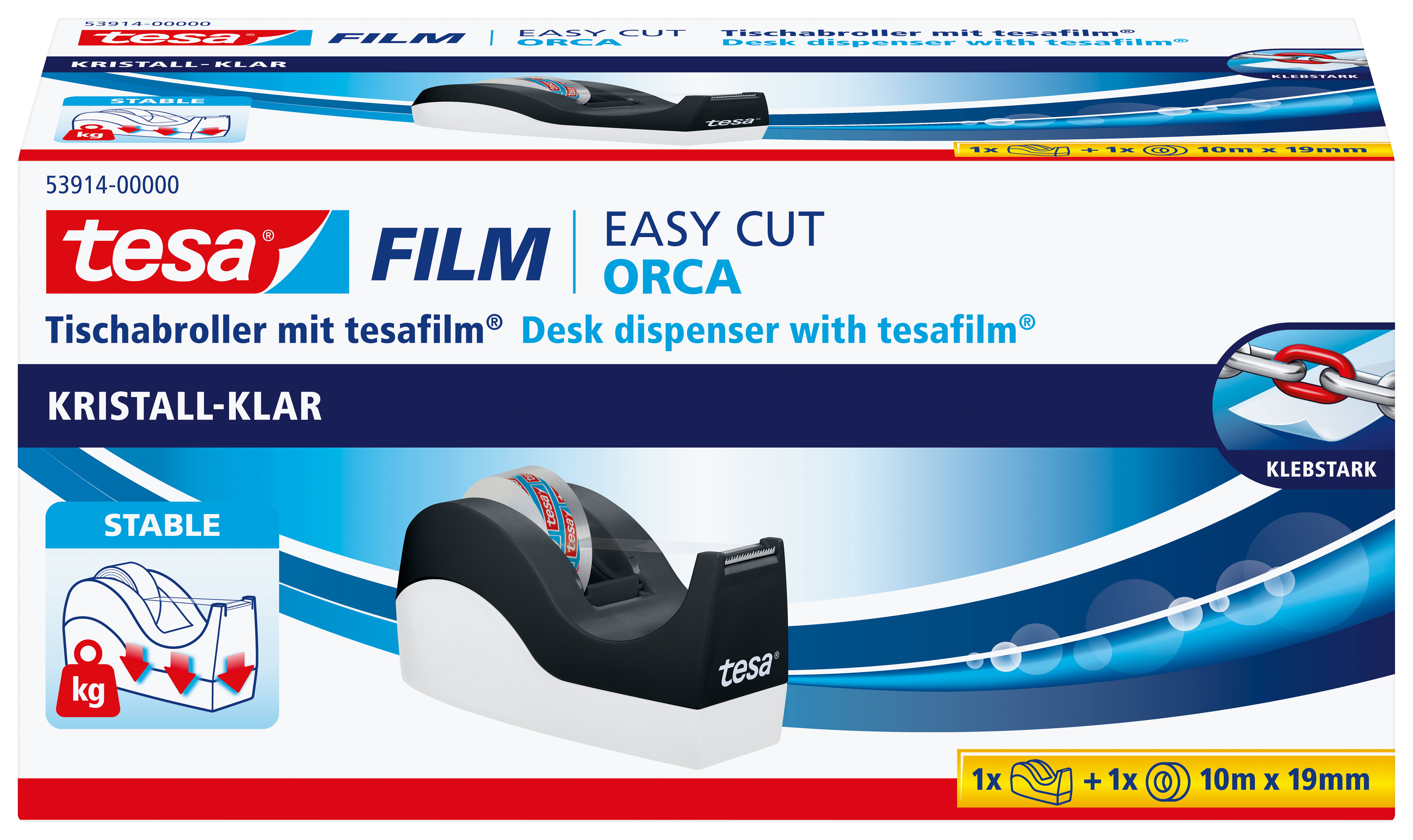 Tischabroller Tesa 53914 Orca Easy Cut + 1 Rolle Film® Transparent 10m:19mm