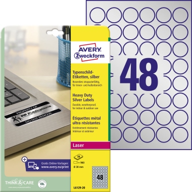 Typenschild-Etikett Avery Zweckform L6129-20 silber Ø-30mm 960 St.