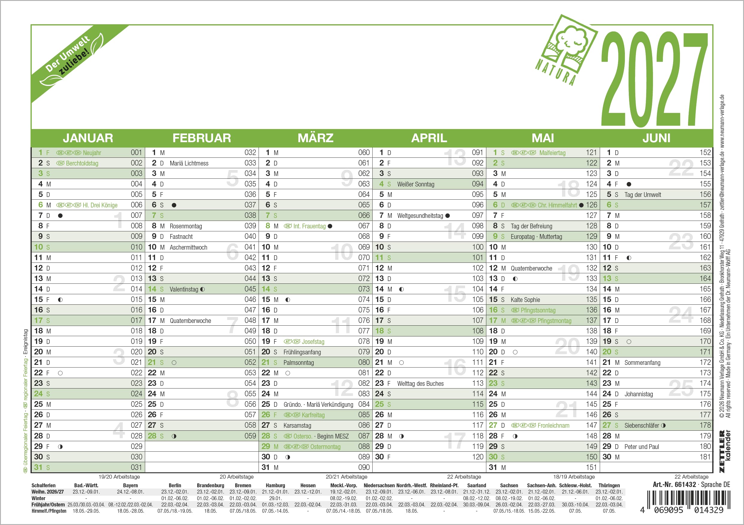 Tafelkalender Zettler 904-0700 A5 1S/6M Sonn-und Feiertage Hervorgehoben, Arbei