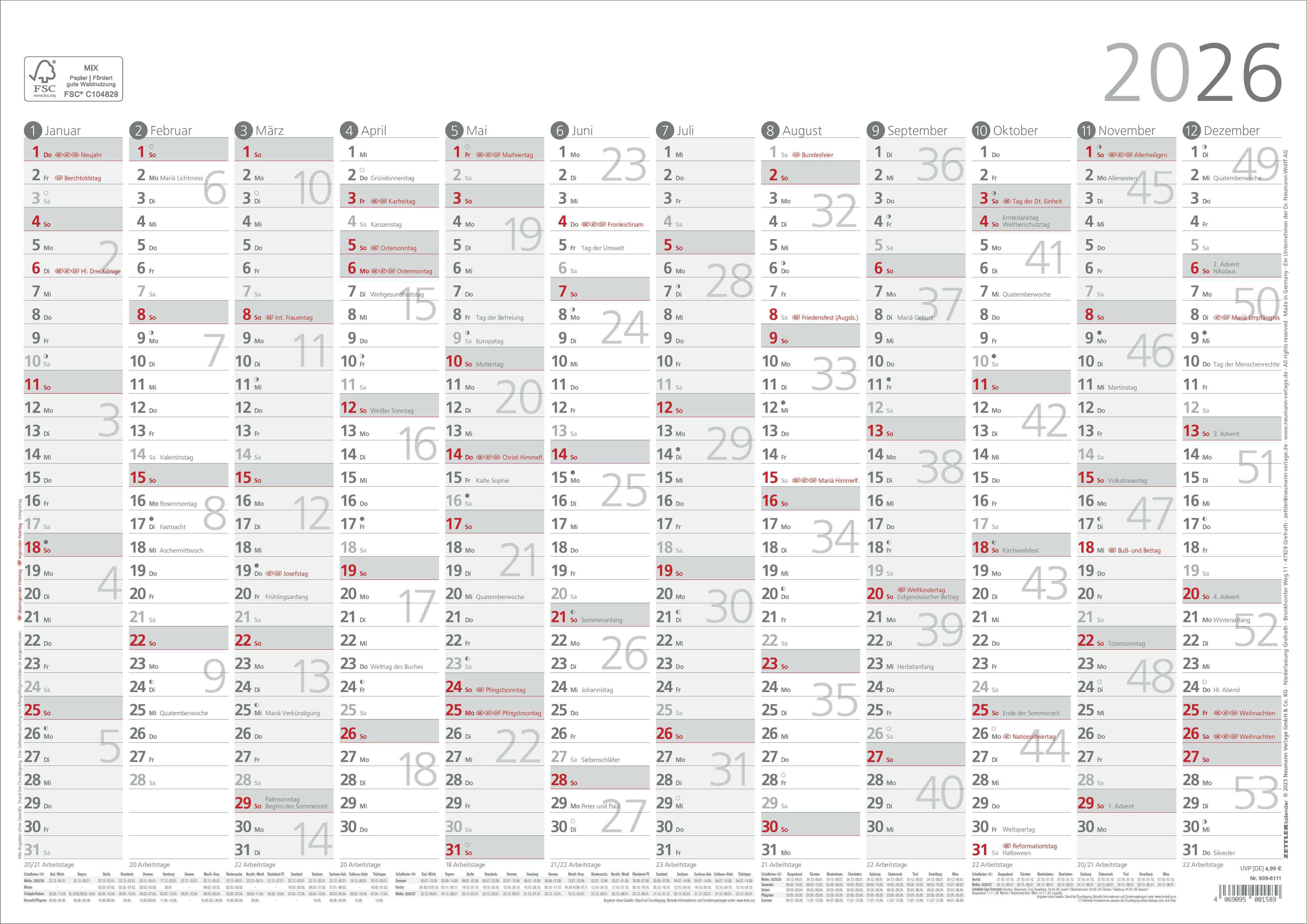 Plakatkalender ZETTLER 939 42x29,7cm  1 Seite / 12 Monate