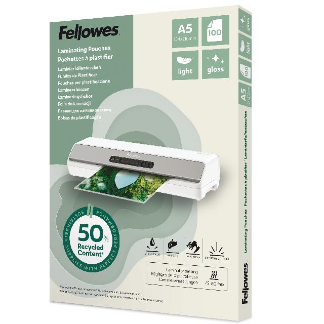 Folientasche Fellowes A5 100143440 80mic Recycled glänzend Pack. 100 Stück