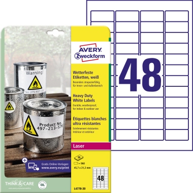 Etikett Avery Zweckform L4778-20 45,7x21,2mm weiß 960 St.