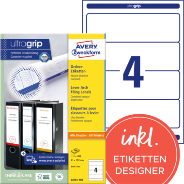 Rückenschild Avery Zweckform L4761-100 PC weiß breit/kurz, selbstklebend, 400 St.