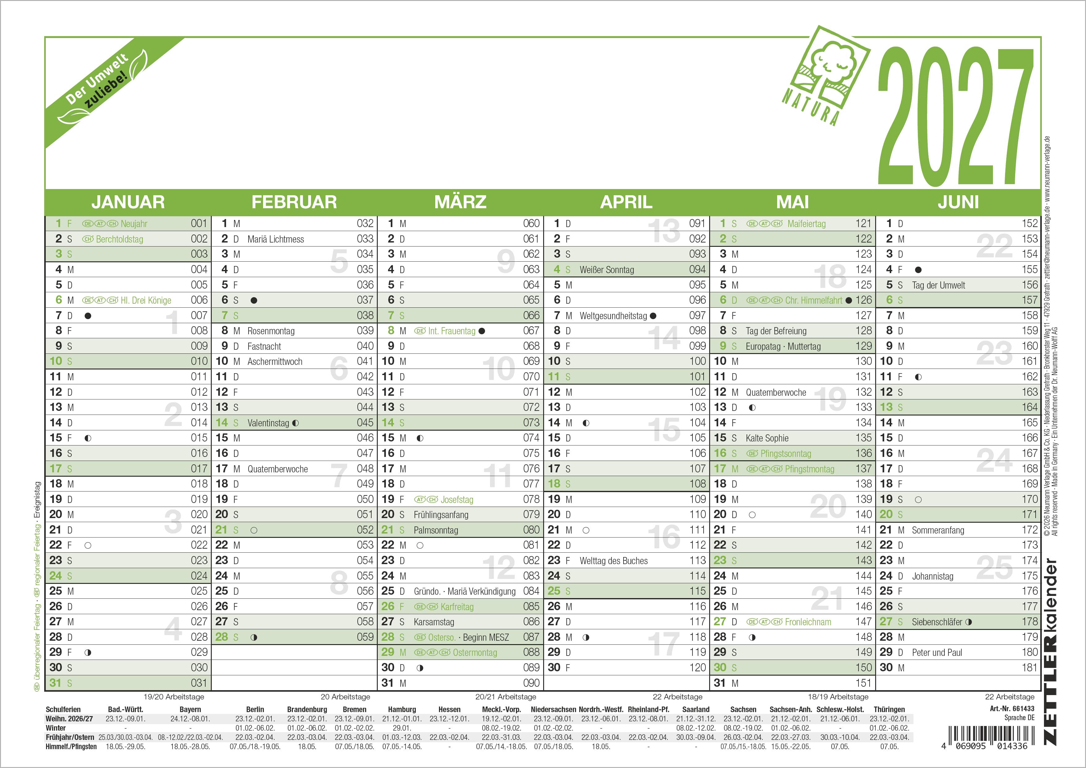 Tafelkalender Zettler 907-0700 A4 UWS 6m/1s, Blauer Engel, Recyclingkarton