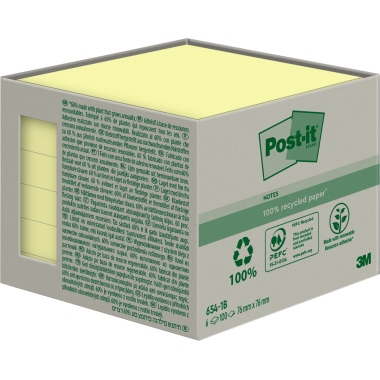 Haftnotiz Post-it® 654-1B 76x76mm gelb recycling 6 Stück