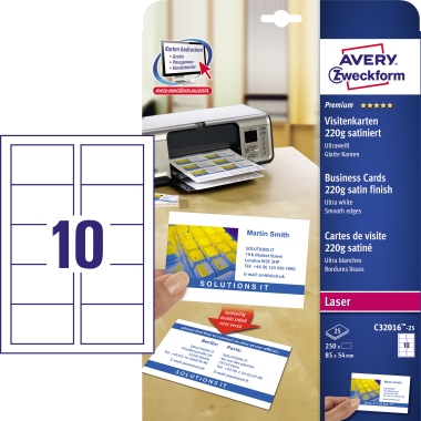 Visitenkarten Avery Zweckform C32016-25 weiß 220g 250 Stück