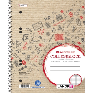 Collegeblock Landré  A5 kariert RC recycling 80 Blatt mit Rand