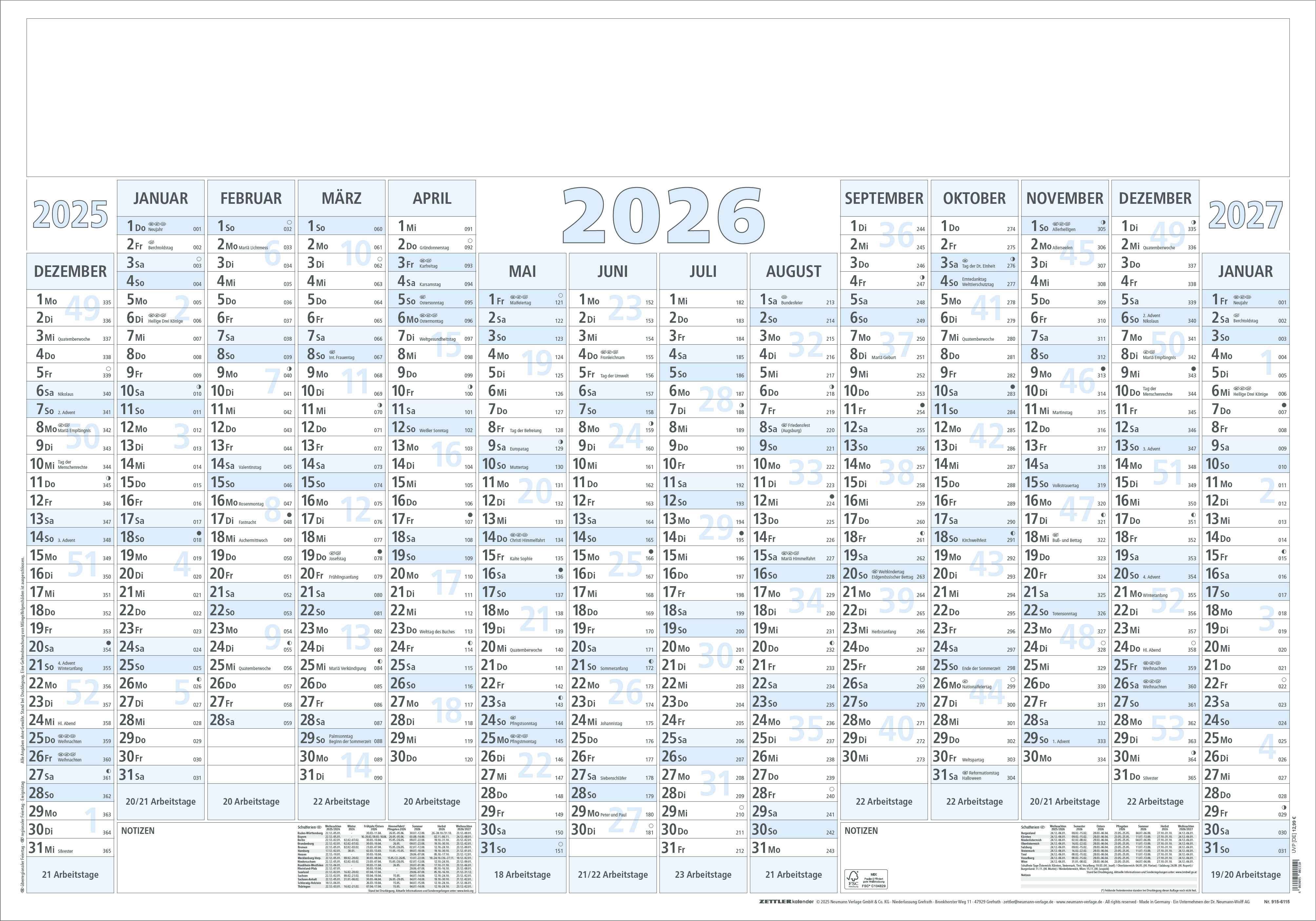 Plakatkalender ZETTLER 915 100x70cm 1 Seite / 14 Monate