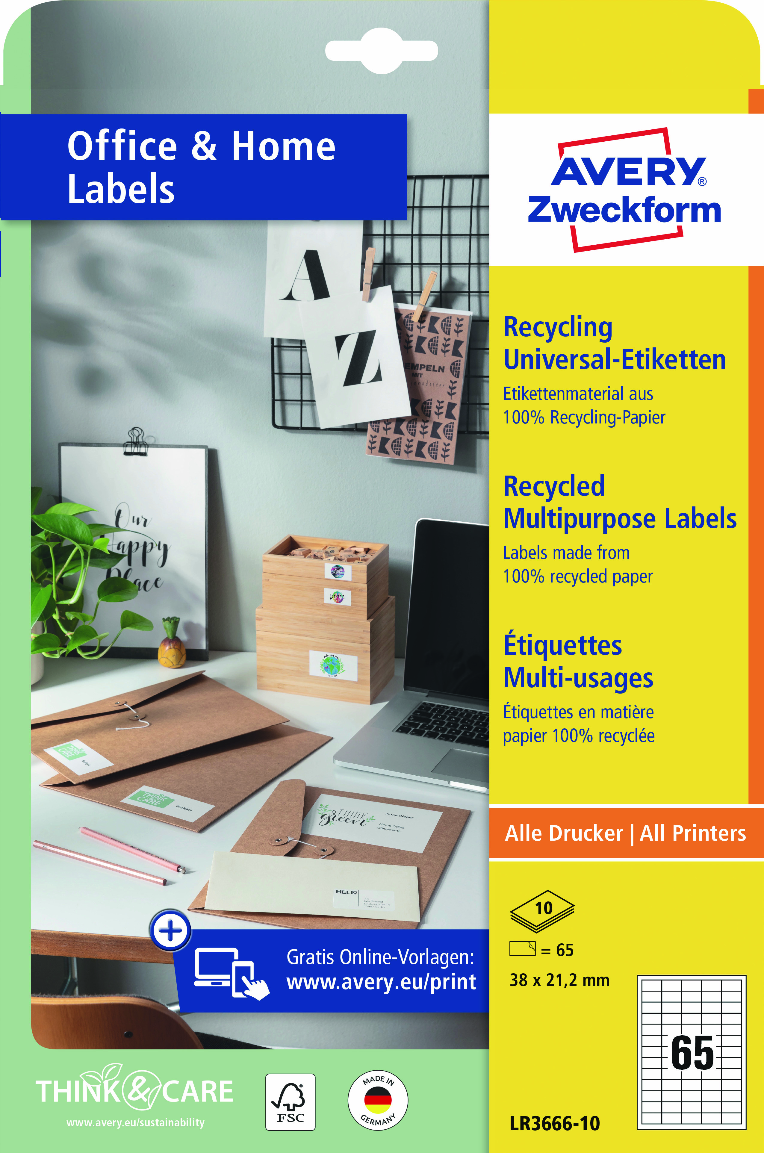 Etikett Zweckf. LR3666-10 38x21,2mm weiß Inkjet-, Laser- U. Kopier, Recycling