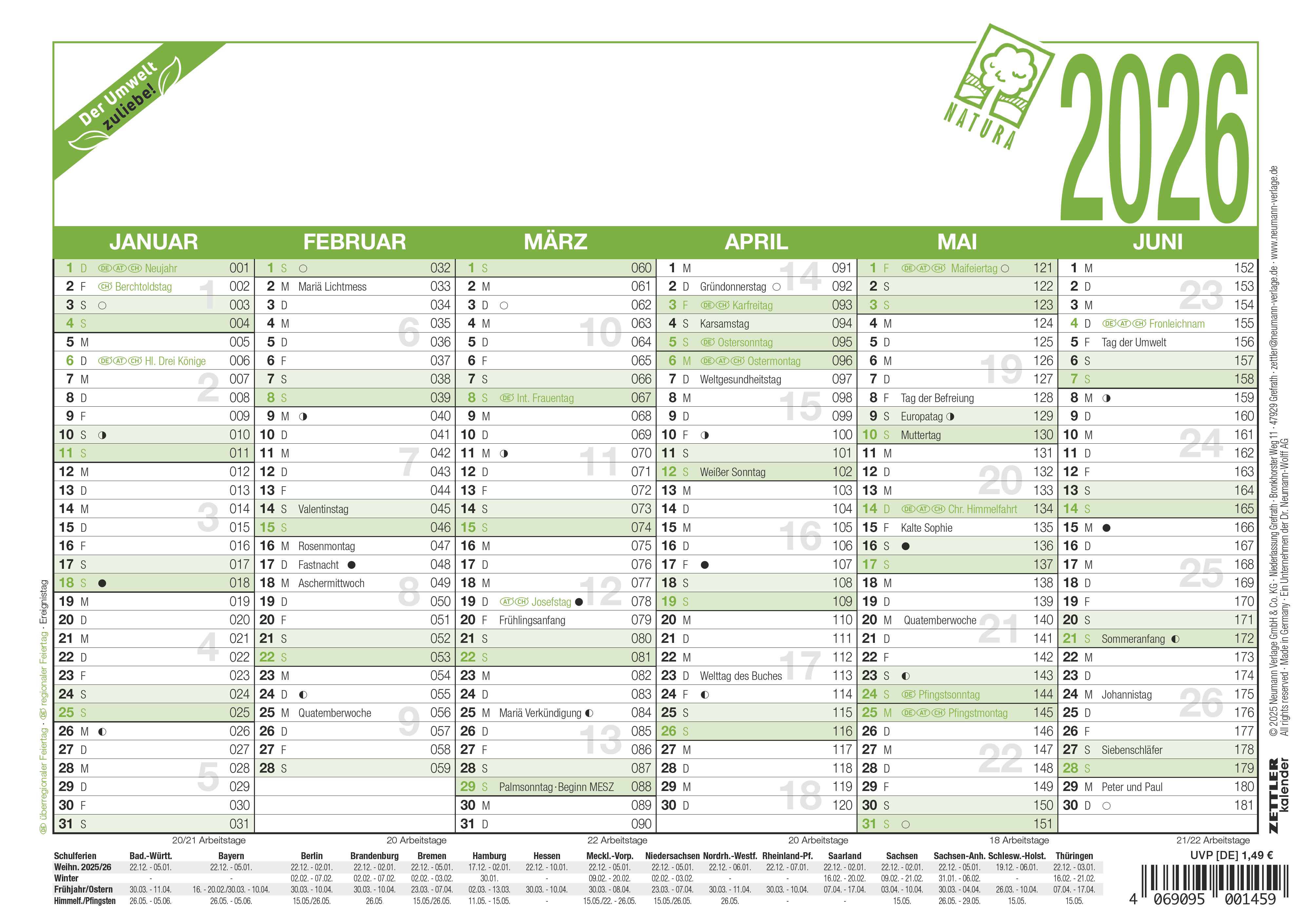 Tafelkalender Zettler 904-0700 A5 1S/6M Sonn-und Feiertage Hervorgehoben, Arbei