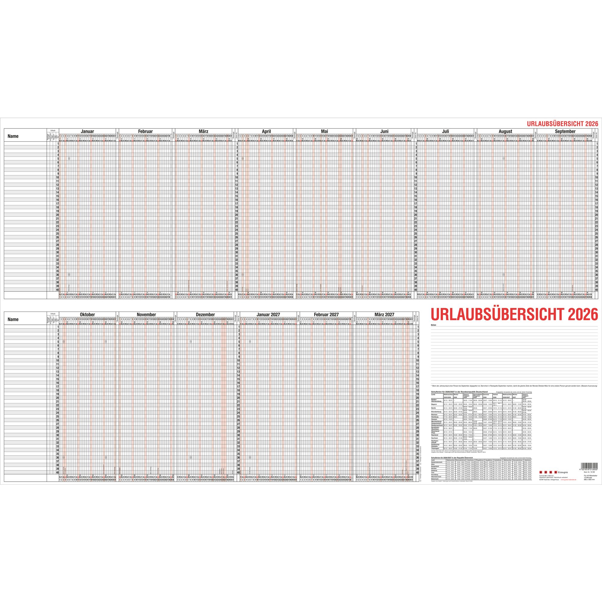 Urlaubsübersicht Güss 12-30 12-30 98,5x60 Quer, Für 40 Mitarbeiter