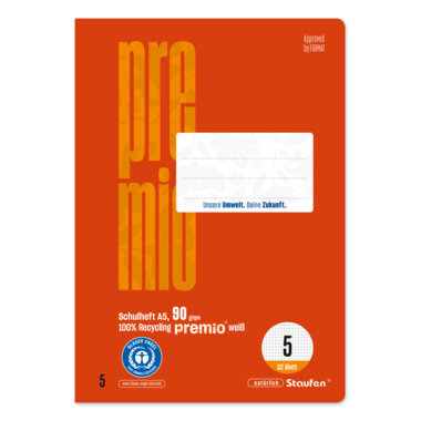 Schulheft Staufen A5 Lin5 kariert Premio, 90G, Rot, 5mm
