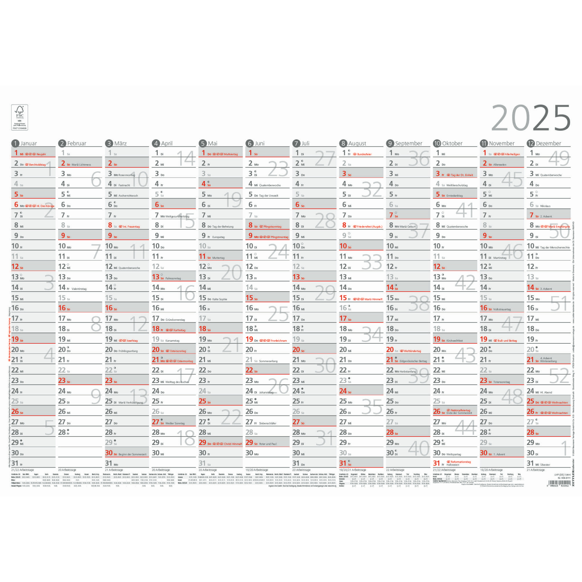 Plakatkalender Zettler 938-6111 A2 61x43cm, 1s/12m, Sonn-und Feiertage Herv