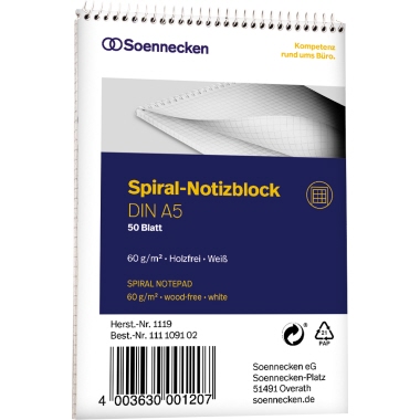 Notizblock Soennecken 1119 DIN A5 weiß 60g kariert 50Blatt