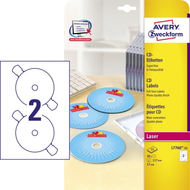 Etikett CD/DVD Avery Zweckform L7760-25 Ø-117mm weiß 50 St.