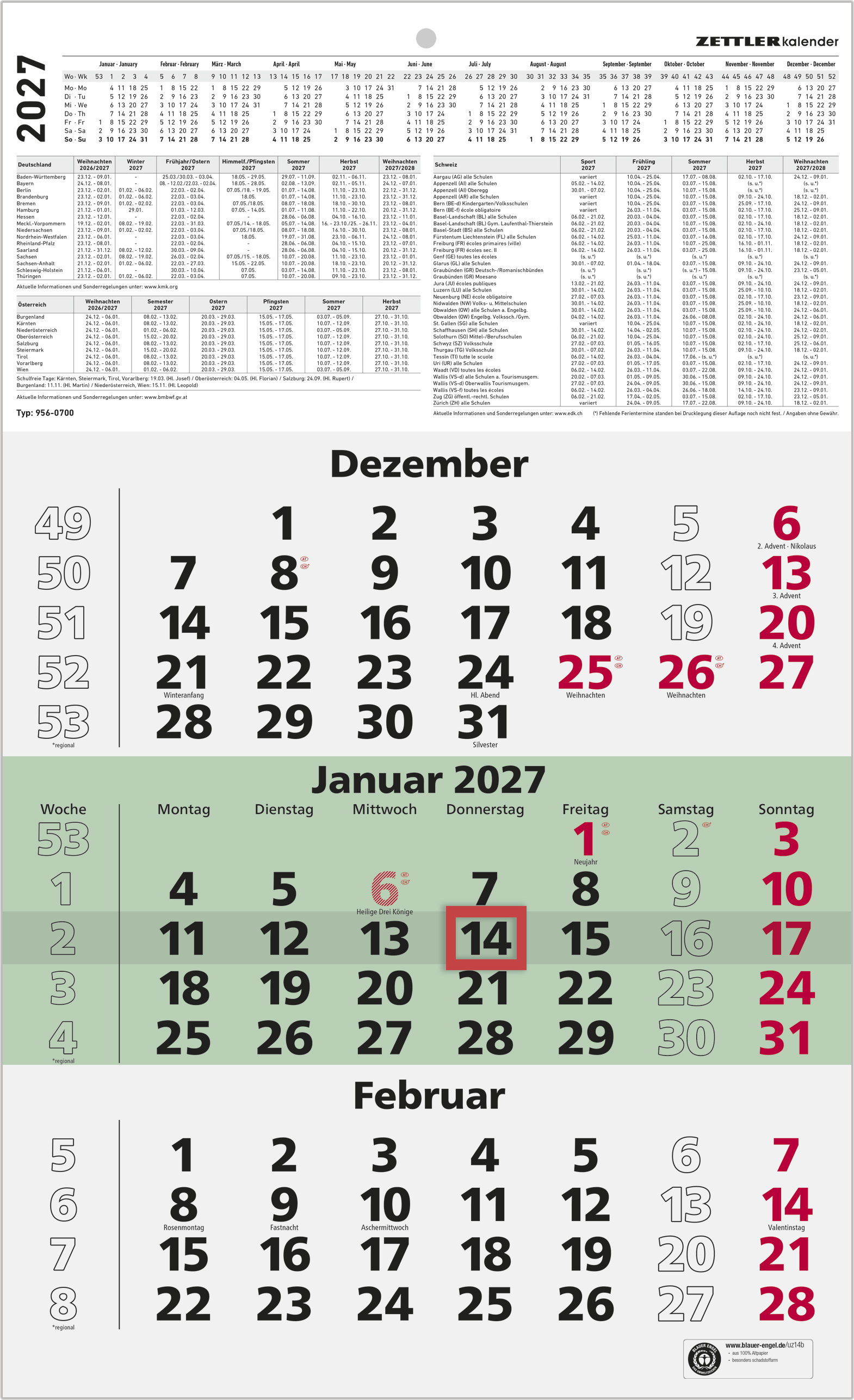 Dreimonatskalender Zettler 956-0700 UWS
